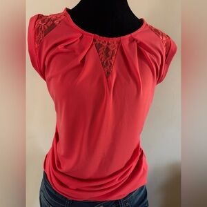 Pink Pleated Collar Top with Lace Cap sleeve by 7th Avenue New York & Company